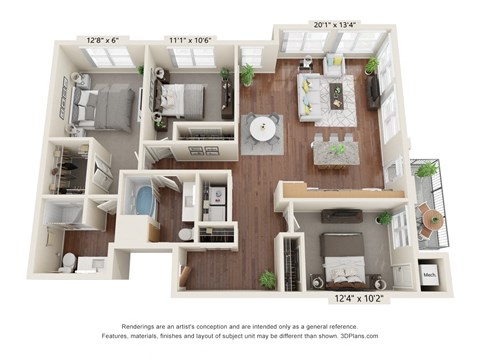 Floor plan for 3 beds, 2 baths, 1260 sqft
